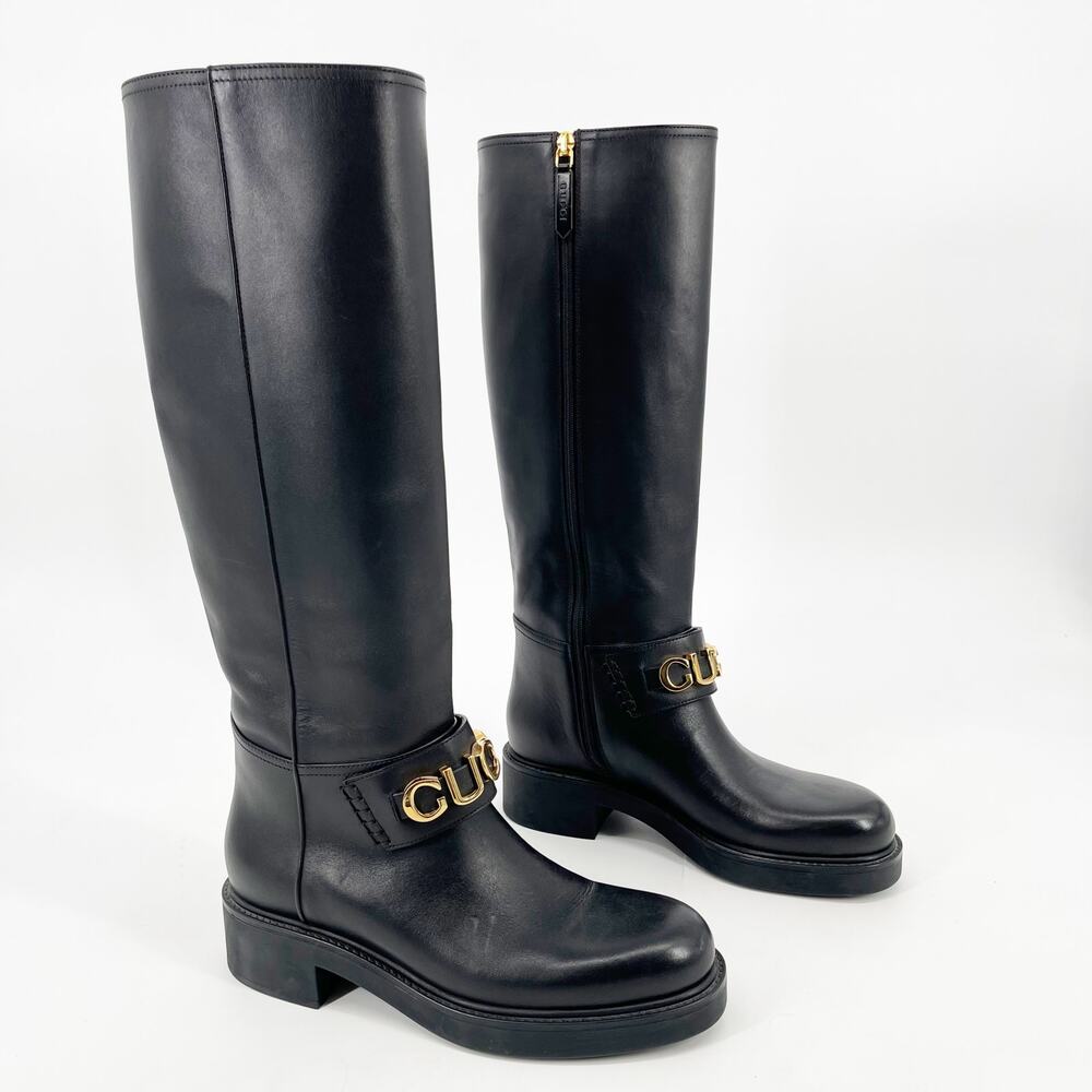Gucci Cara Black Leather Gold-Tone Logo Knee High Riding Boots Block Heel EU 37
